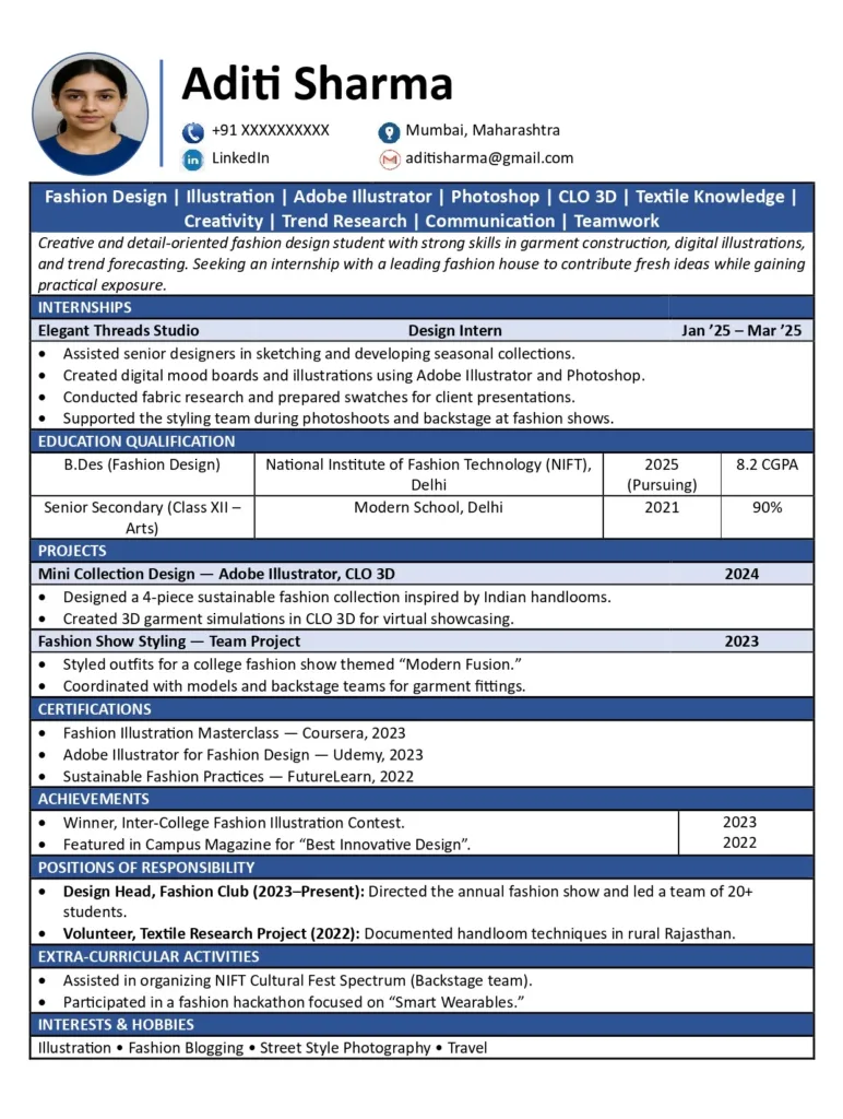 Fashion Designer Internship Resume
